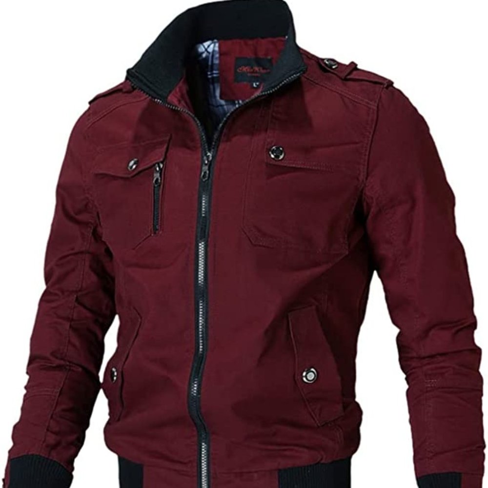 Bomber Jacket Maroon Mens L Womens XL Unique Vintage Yi Jian Mei